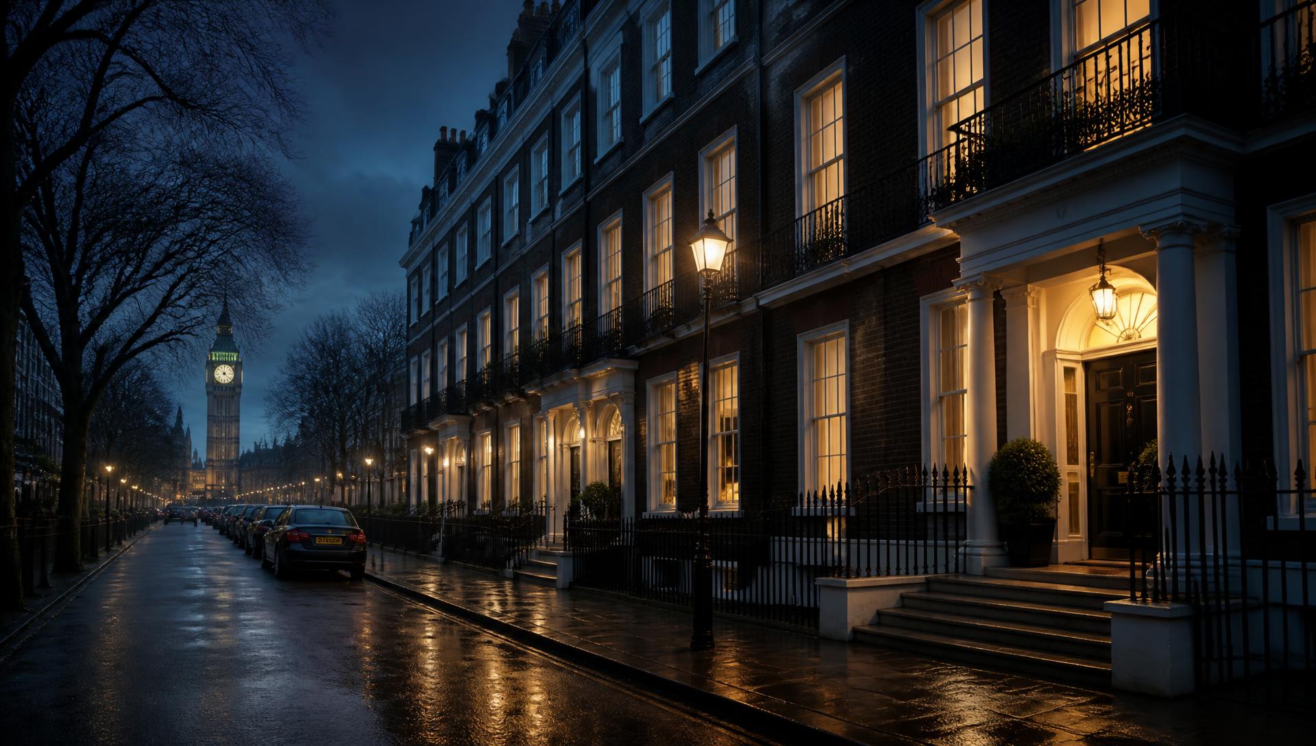 Georgian London townhouse terrace lit at dusk